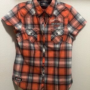 Harley-Davidson Women’s Plaid Shirt - Orange and Black